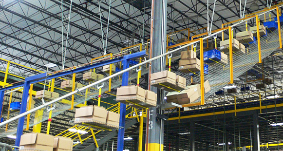 overhead conveyor transporting boxes