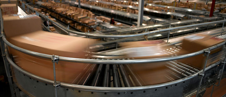 packages on a roller conveyor